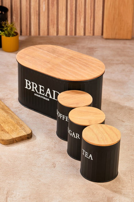 Hermia Juego de 4 Cajas de Almacenamiento de Metal con Tapas de Madera, Negro Hermia Juego de 4 Cajas de Almacenamiento de Metal con Tapas de Madera, Negro